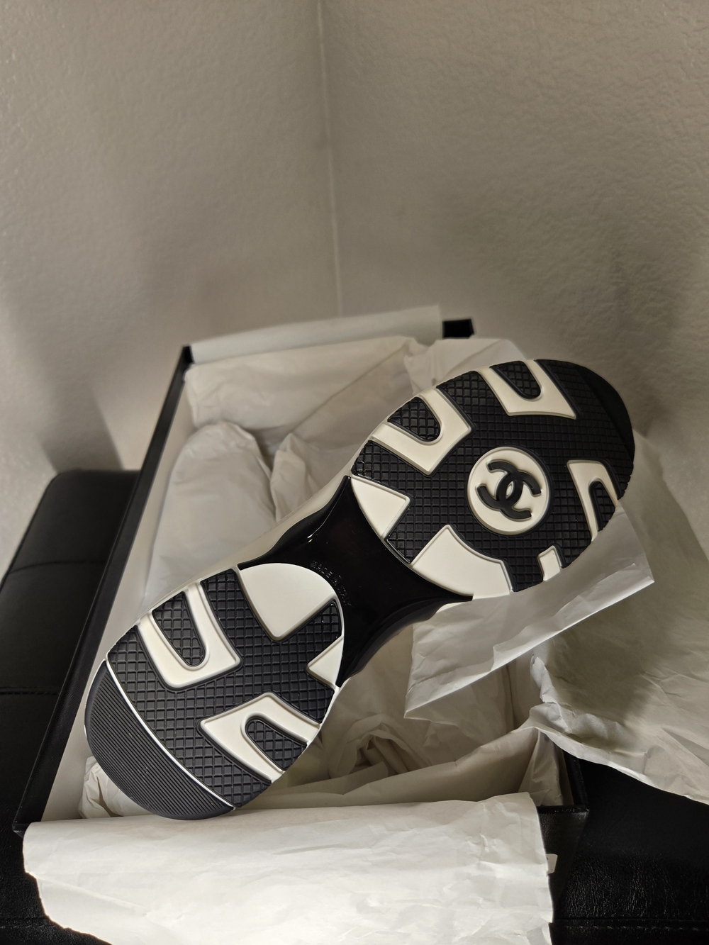 Chanel White and Black Leather Platform Sneaker - Picture 5 of 9